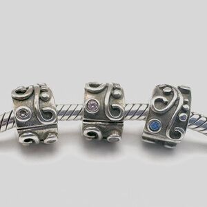 Pandora Clear, Pink, and Blue CZ & Sterling Silver Tendril Clip Charms